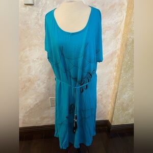 Turquoise Women’s Dress Swim Cover-Up Dress with Tassel Belt 4XL